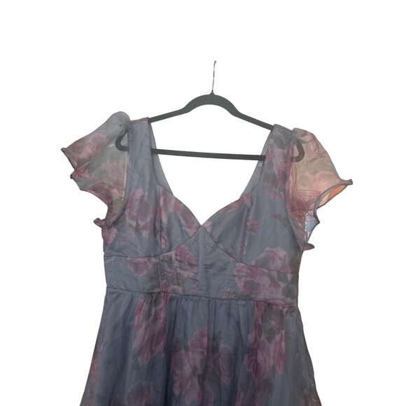 Womens Lulus Floral Organza Flutter Sleeve Midi Dress Teal Purple XXL NWOT - Picture 5 of 11